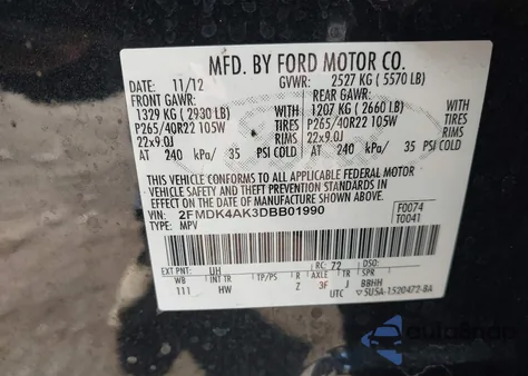2013 Ford Edge Sport from USA, damaged, VIN 2FMDK4AK3DBB01990